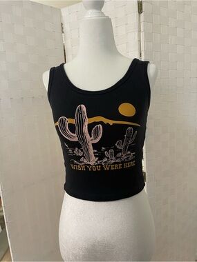 Black 'Wish You Were Here' Cactus Graphic Crop Tank